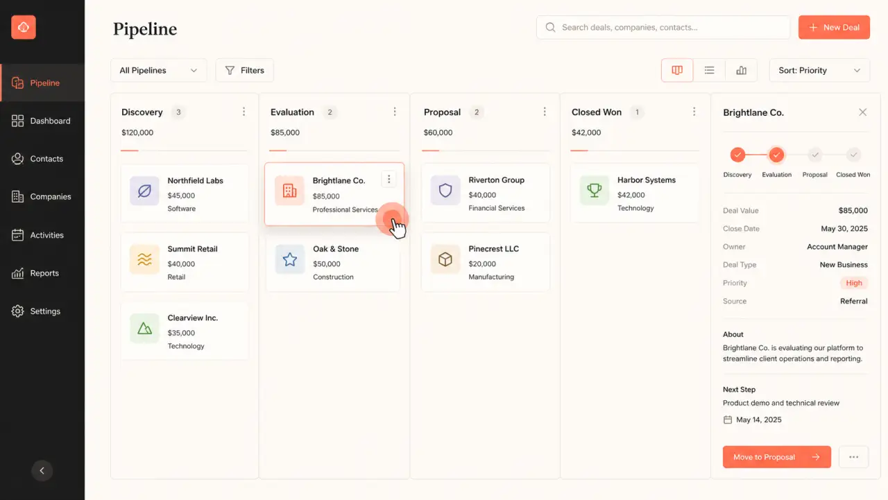 Illustrative CRM pipeline with an evaluation-stage opportunity highlighted