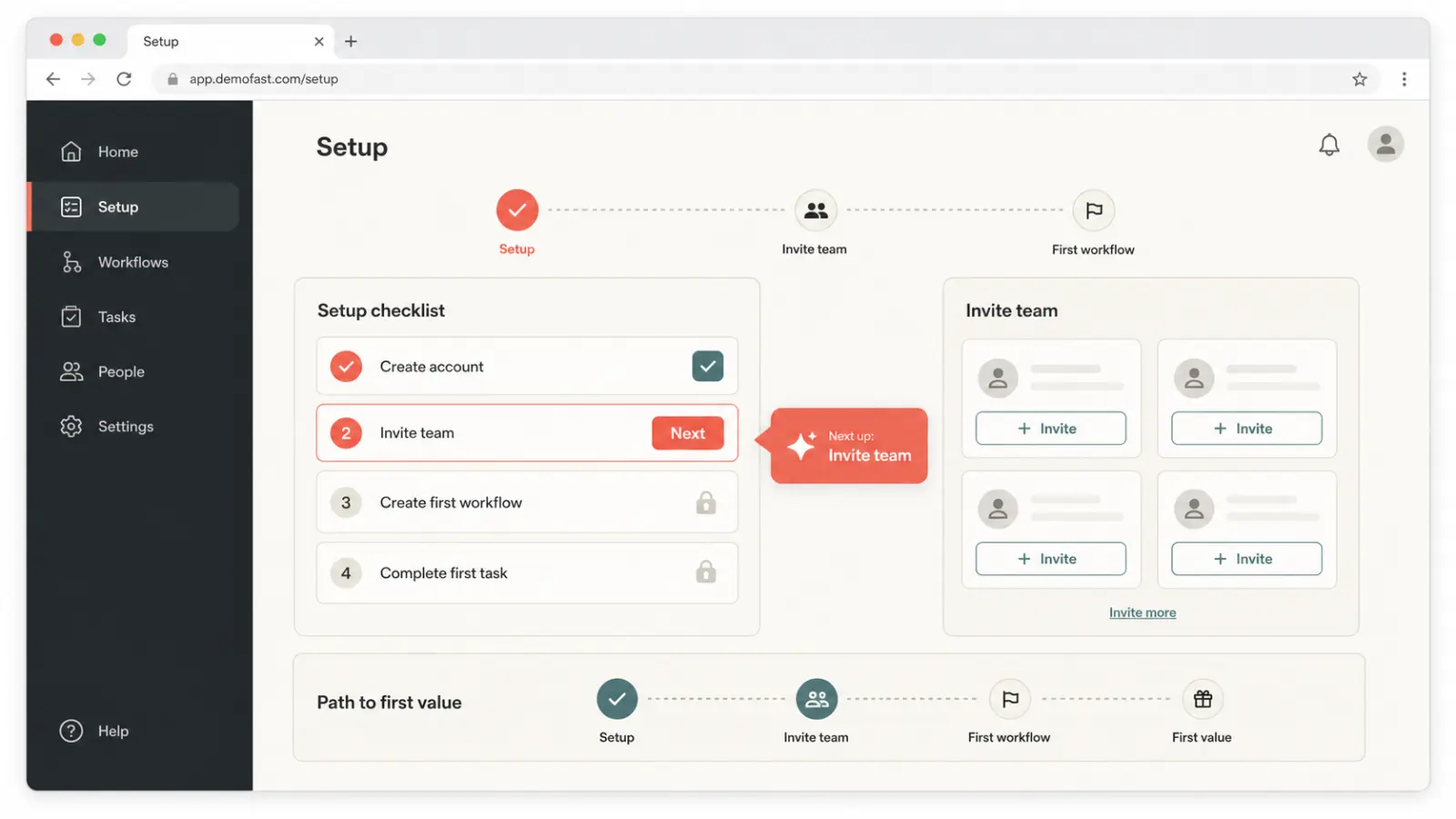 Illustrative customer onboarding checklist guiding a user from setup to a first workflow