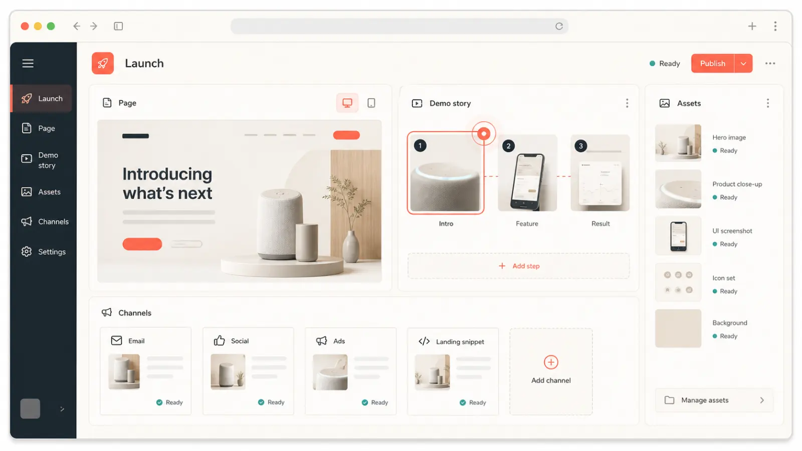 Illustrative product launch workspace with a page preview, demo storyboard, and channel assets