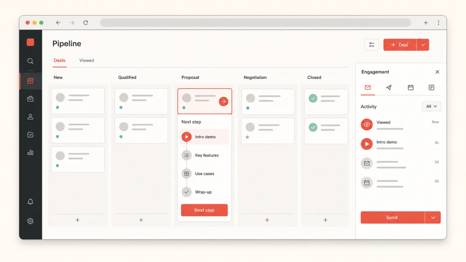 Illustrative sales pipeline with a guided demo sequence and engagement panel