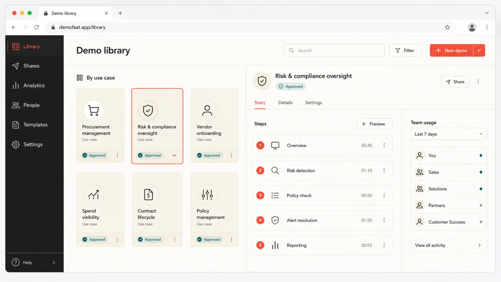 Illustrative sales enablement library with approved demo cards and a reusable step sequence