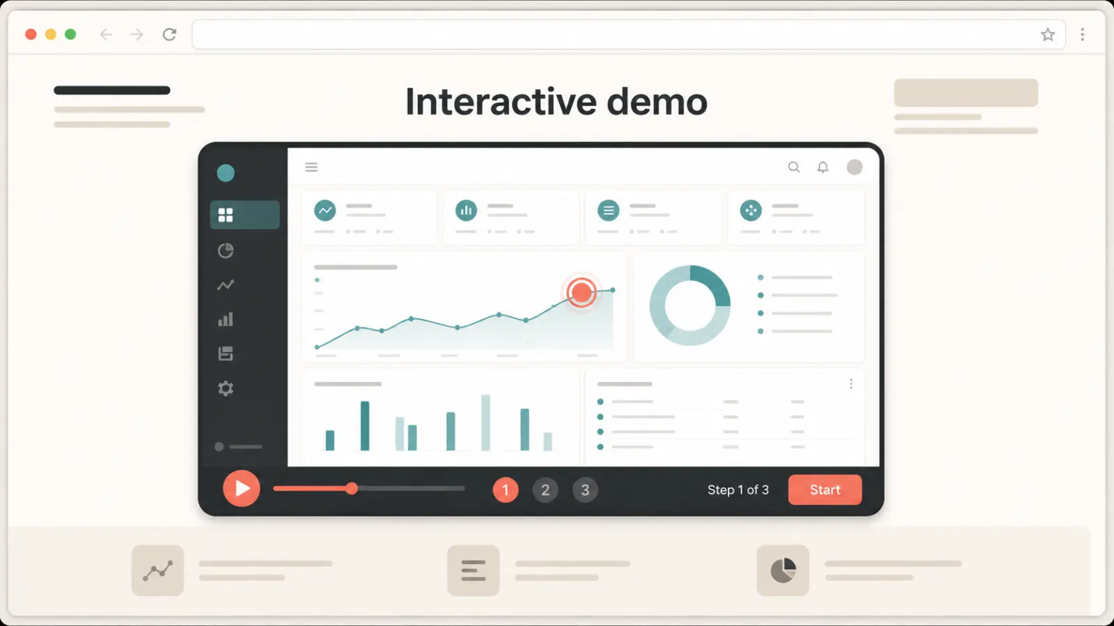 Illustrative marketing page with an embedded three-step interactive product demo