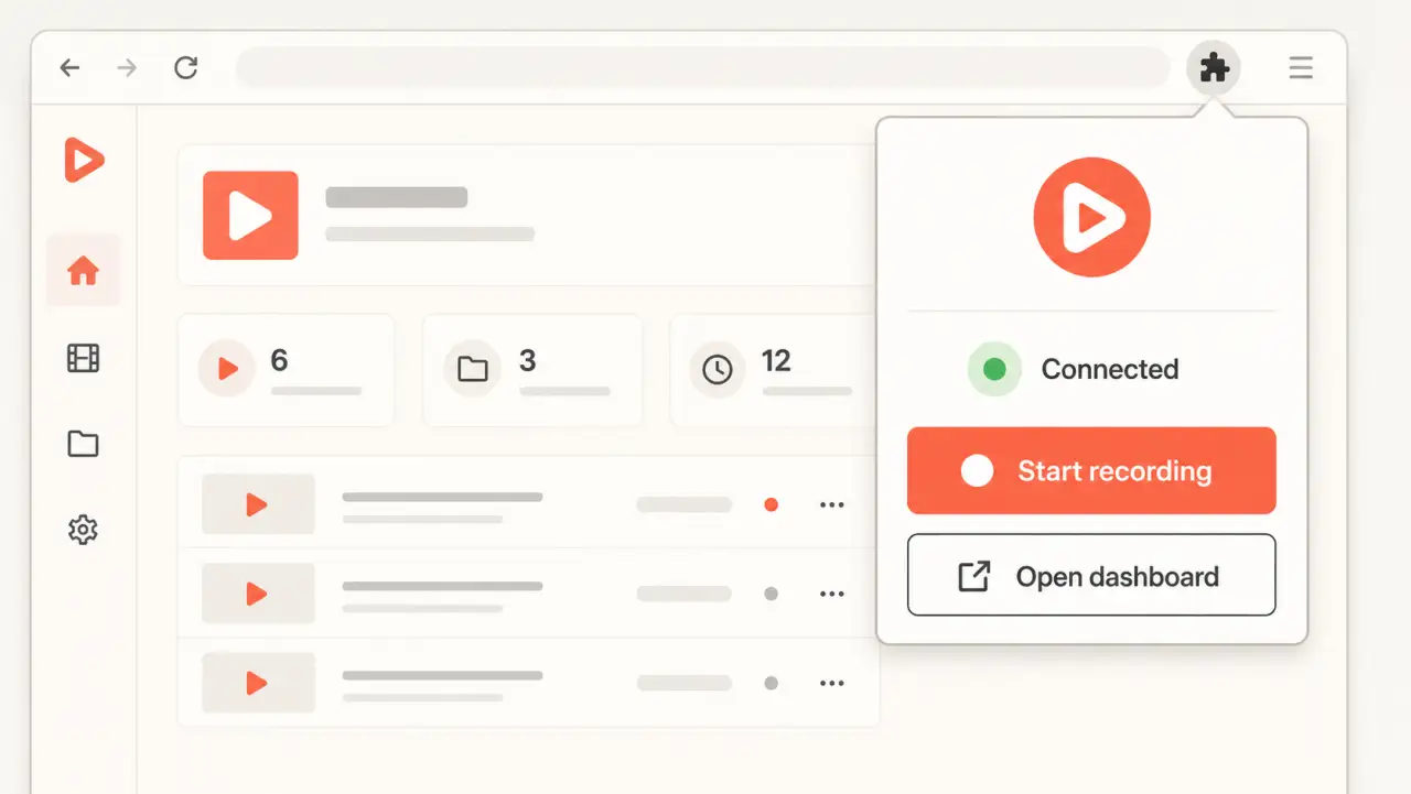 Illustrative DemoFast browser extension popup showing a connected recording state