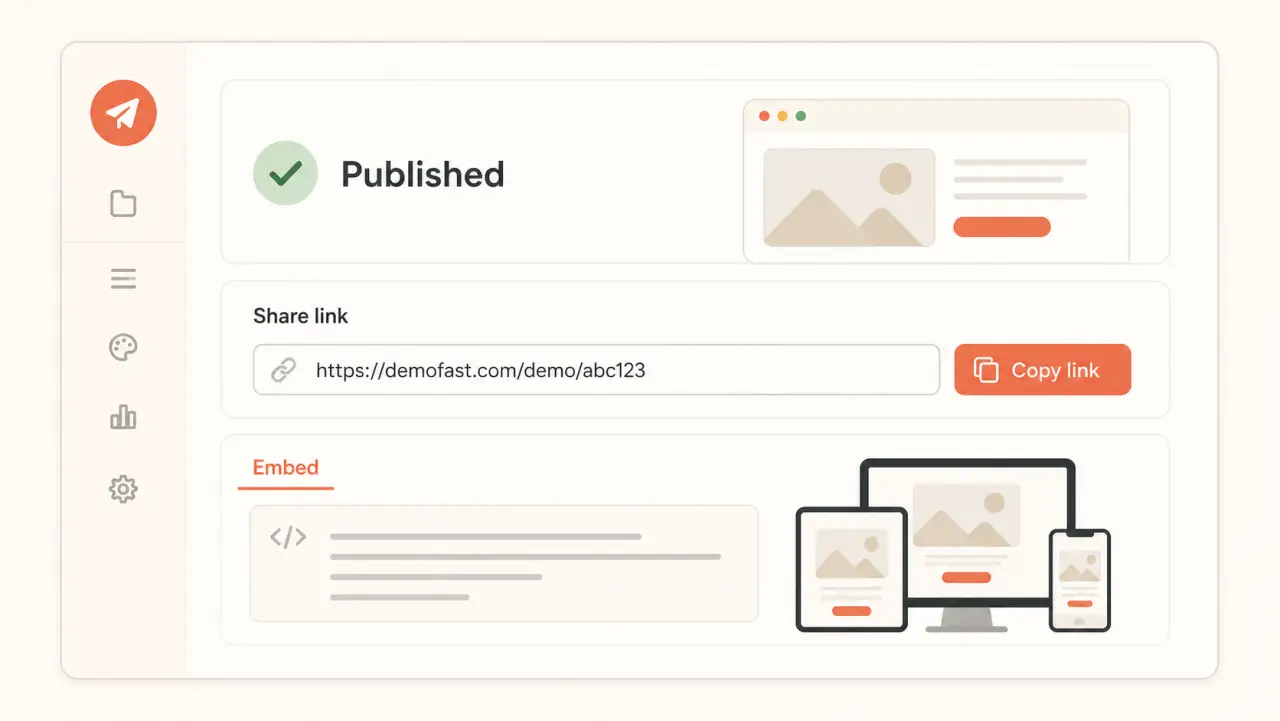 Illustrative DemoFast sharing panel with public link and embed code